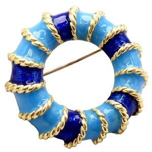 Rare! Vintage Tiffany & Co 18k Yellow Gold Blue Enamel Circle Rope Brooch Pin